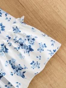 Flower Print Suspender Butterfly Ruffle Trim Young Girl's Dress