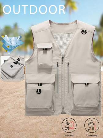 Outdoor Wind Resistant Waterproof Casual Sports Vest For Men, Sleeveless, Multi-Pockets, V-Neck, Photography, Fishing, Summer