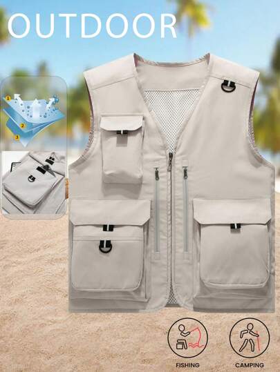 Outdoor Wind Resistant Waterproof Casual Sports Vest For Men, Sleeveless, Multi-Pockets, V-Neck, Photography, Fishing, Summer