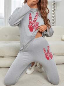 2 pièces Ensemble de loisirs pour femmes, ensemble deux-pièces, manches longues amples, pantalon slim, couleur unie. Ensemble de loisirs pour le printemps et l'été, convenant pour la course, les loisirs à la maison. Motifs d'impression : LOVE DREAMER WILD FAIT PEACE - Gris pâle - Voir 2