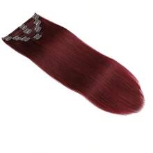 Extensiones de cabello humano con clip color vino tinto 99J, extensiones de cabello humano real liso con clip, 140g, 20 pulgadas, extensiones con clip rojas, extensiones de cabello virgen, juego de 8 piezas - S99JA - Ver 1