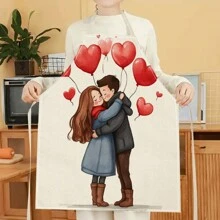 1pc Romance, Couple, Husband And Wife, Valentine's Day 3D Pattern Linen Apron For Home Cooking, Kitchen Wear, And Cooking Enthusiasts
