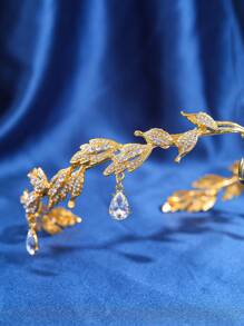 1件水晶叶子发箍，水晶发饰，水钻发箍，新娘婚礼头饰，复古叶子项链，水钻额饰吊坠 - 金色 - 查看 6