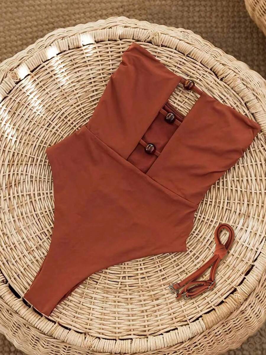 新款春夏优雅棕色镂空连体泳衣，欧美风，适合海滩、度假、派对、约会等场合。 - 棕色 - 查看 1