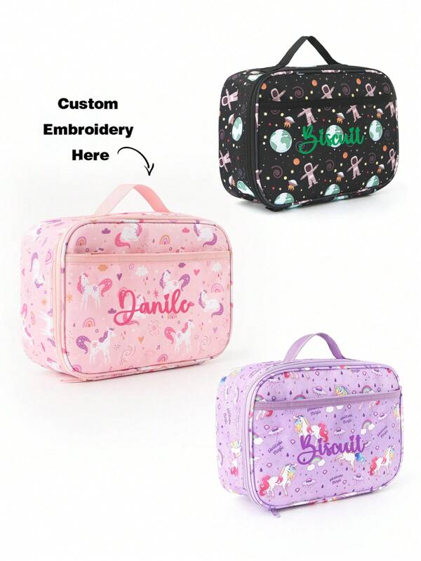 1 Pc Embroidery Customization Cute Cartoon Unicorn Astronaut Print Children'S Lunch Bag Handbag Storage Bag Can Be Embroidered With Your Own Name Suitable For Boys, Girls, Kindergarten, Elementary School Students, Outdoor Travel, Picnic, School Season Must-Have Give Your Child An Exclusive Holiday Gift,Multi-Functional,Ornamental,Letter,Stylish,Modern,Colorful,Kawaii,Adorable,Cute,Casual,Custom,Personalised,Unique,Customized,Son,Daughter