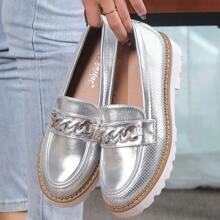 Women's Thick Sole Slip-On Loafer Shoes, Breathable Platform - Silver - View 1