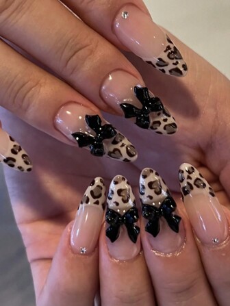 24Pcs Almond-Shaped Nails In Leopard Pattern With 3D Bow Accent, Full Coverage Glossy French Tip Design, Suitable For Ladies Everyday & Party Wear, Autumn/Winter Press On Nails Nail Supplies Nails