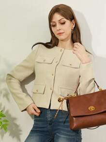 Women's Everyday Fashion Wear Tweed Jacket, Round Neckline Trim Long-Sleeved Solid Color Jacket
