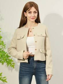 Women's Everyday Fashion Wear Tweed Jacket, Round Neckline Trim Long-Sleeved Solid Color Jacket