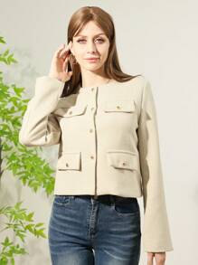 Women's Everyday Fashion Wear Tweed Jacket, Round Neckline Trim Long-Sleeved Solid Color Jacket