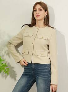 Women's Everyday Fashion Wear Tweed Jacket, Round Neckline Trim Long-Sleeved Solid Color Jacket