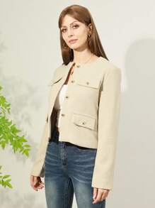 Women's Everyday Fashion Wear Tweed Jacket, Round Neckline Trim Long-Sleeved Solid Color Jacket