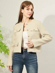 Women's Everyday Fashion Wear Tweed Jacket, Round Neckline Trim Long-Sleeved Solid Color Jacket