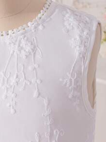 1pc Tween Girl Casual Embroidered Lace Trim V-Neck Mesh Overlay Dress, Summer - White - View 4