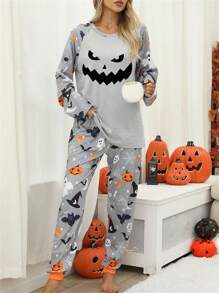 Women's Halloween Pajamas Set Ghost Pumpkin Print Long Sleeve Round Neck Tops With Elastic Waist Long Pants Loungewear - Grey - View 7