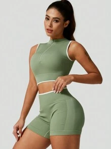 1 Conjunto de ropa deportiva de primavera para mujer con media cremallera, top corto sin mangas y shorts ajustados, de ajuste ceñido
