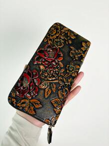 Vintage Embossed Flower Elegant Decorative Leather Clutch With Card Slots & Coin Pouch Random Color For Women Wallet Purse Wallet Long Wallet - Multicolor - View 8