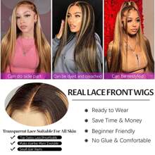 13x4 Highlight Straight 4/27 Ombre HD Transparent Lace Front Wigs Human Hair For Women Pre Plucked 200% Density Brazilian Straight Human Hair Wigs With Baby Hair(24inch, 4/27-Straight)