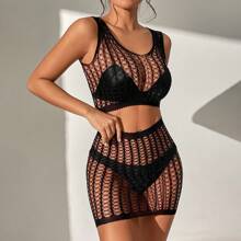3pc Sexy Lingerie Jumpsuit, Open Crotch Exposed Breast Bra Mesh Set, Women's Jumpsuit And Sexy Lingerie Set