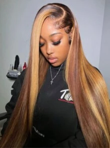 13x4 Highlight Straight 4/27 Ombre HD Transparent Lace Front Wigs Human Hair For Women Pre Plucked 200% Density Brazilian Straight Human Hair Wigs With Baby Hair(24inch, 4/27-Straight)