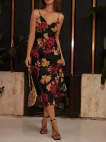 Women's Elegant Floral Print Spaghetti Strap Romantic Dress