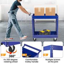Ataucjin 2 Tier Rolling Tool Cart,330 Lbs Metal Heavy Duty Utility Cart On Wheels,2 Shelf Steel Utility Cart,Industrial Service Cart,Tool Storage Organizer For Mechanic,Garage,Workshop,Warehouse & Repair Shop - 藍色 - 查看 3