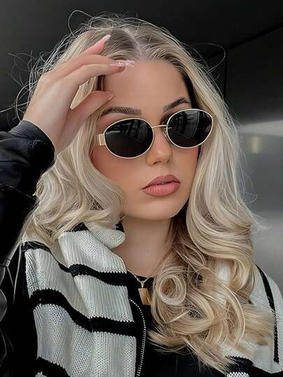 1 件椭圆形小时尚女士时尚眼镜 INS 街头时尚复古时尚眼镜金属框架黑色时尚眼镜带旅行海滩配饰适合夏季海滩度假、户外、旅行学院风适合返校