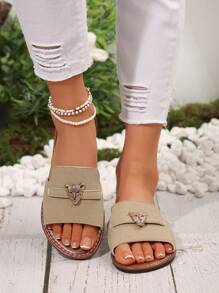 Women's Open Toe Flat Sandals With Metal Leopard Decoration, Strap Slip-On, Khaki Color, Elegant Casual Versatile Summer New Design Ladies Flats,Beach Outfits - Khaki - View 5