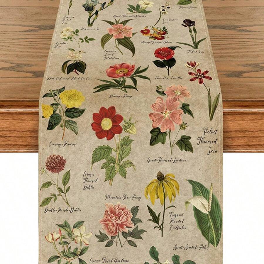 Vintage Tropical Flower Pattern Table Runner, Home Farmhouse Decor For Spring, Summer, Fall Kitchen Dining Table - Khaki - View 1