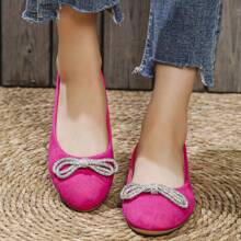Women's Flat Round Toe Ballet Flats With Bow Accent, Comfortable & Elegant - FUCHSIA - View 2