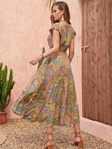 Rusttydustty Women Multi Color Floral High Waist Dress Minimalist Elegance Date Night Holiday Summer Party Music Festival - Multicolor - View 2