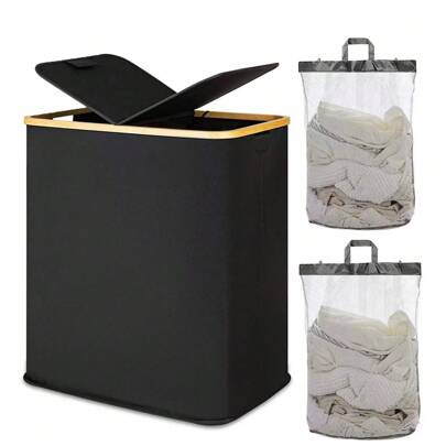 Laundry Basket With Lid, Bamboo Handle Laundry Basket And Removable Laundry Bag, Large Foldable Laundry Basket For Bedroom, Bathroom, Dorm, Laundry Room Laundry Hamper, Washing Basket Bathroom Organizer, Basket, Storage Basket, Foldable Laundry Basket
