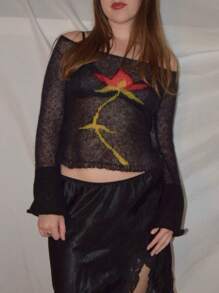 Tops de punto con estampado floral para mujer, camisetas de manga larga con cuello barco y corte ajustado, suéteres transparentes - Flores negras y rojas - Ver 5