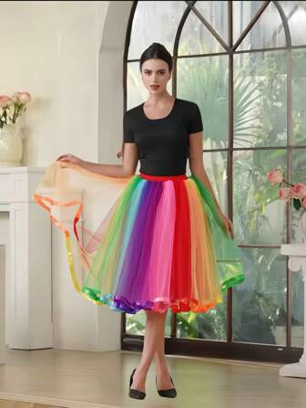 1 件女式中长款彩虹芭蕾舞裙、分层泡泡裙、衬裙、公主裙、蓬松裙、双层网眼裙、无缝衬裙、裙衬裙、节日装饰裙、适用于婚礼、派对、表演、四季网眼裙、可作为外衣穿着、适合婚礼、派对、表演、角色扮演、舞蹈