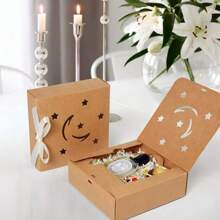 10pcs/Pack Square Kraft Paper Gift Box, Beige Bow Flap Gift Box, Hollowed Out Star And Moon Ramadan Festival Gift Box, Can Be Used For Candies, Party Favors, Holiday Favors, Etc.