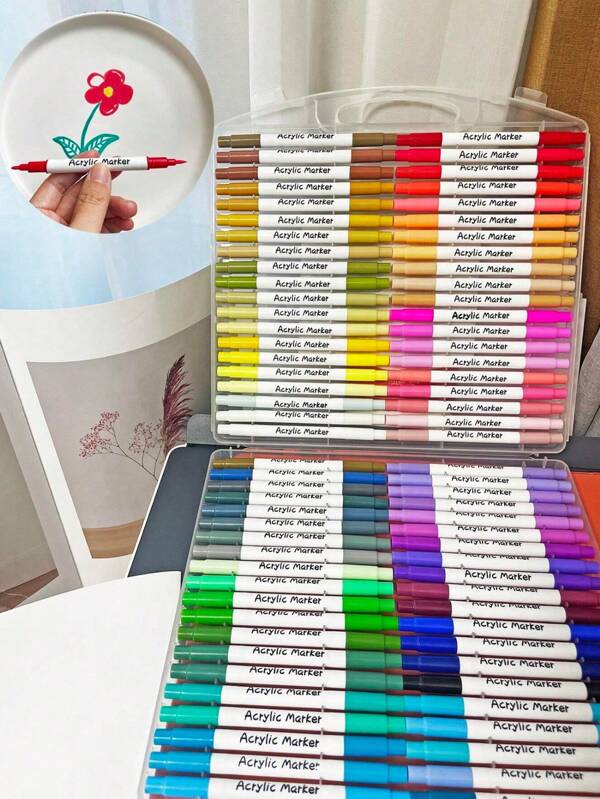 80-Color Acrylic Paint Markers, Dual-Tip Acrylic Paint Pens With Brush Tip And Fine Tip For Wood, Canvas, Stone, Rock Painting, Ceramic Surfaces, Craft Making Materials Back To School