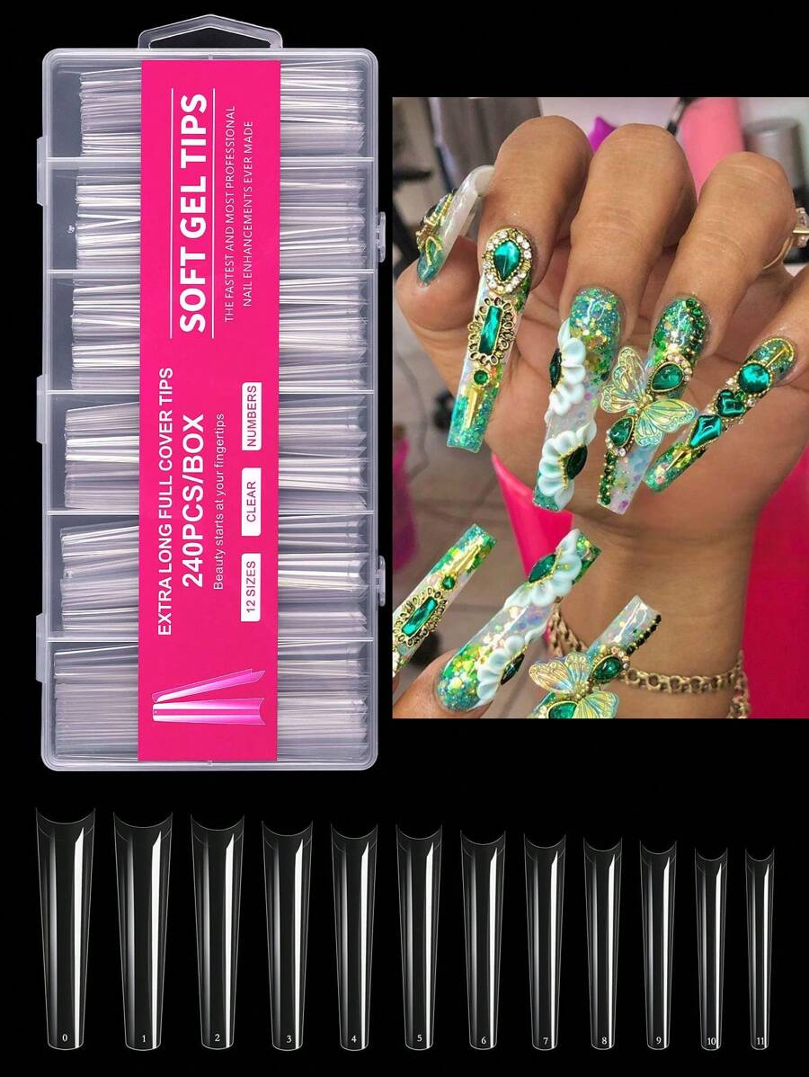 240Pcs Long Coffin Transparent Press On Nails Nail Extension Supplies For Home DIY Salon - Clear - View 1