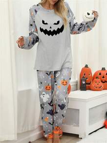 Women's Halloween Pajamas Set Ghost Pumpkin Print Long Sleeve Round Neck Tops With Elastic Waist Long Pants Loungewear - Grey - View 6