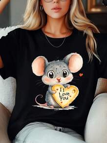Women's Plus Size  Valentine's Day Mouse And Cheese Kawaii Print T-Shirt Fashion Short Sleeve Round-Neck Tops Summer Streetwear