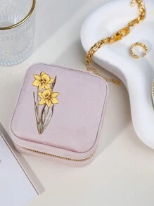 Boîte de rangement rond personnalisé avec fermeture éclair, sac de transport pour fleurs et texte, boîte de rangement en velours pour bijoux Saint-Valentin, boîte de rangement portable et compacte pour bijoux, nouvelle boîte de rangement portable ronde pour bijoux, boîte de rangement en velours pour bijoux de voyage, petit écrin rond portable de style coréen pour boucles d'oreilles, colliers, bagues et ongles, boîte de collection pour bijoux antioxydante