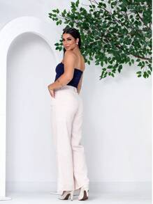 Calça Feminina Wide Leg Bege Claro Em Linho praia  com forro branco fresco social trabalho