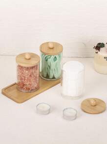 4pcs Cotton Swab Holder Set - Bathroom Storage Organizer, Round Toothpick Holder, With Bamboo Tray, Transparent Pill Bottle With Lid, Cotton Swab Dispenser