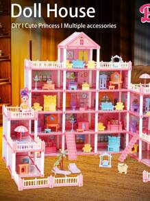 公主城堡娃娃屋玩具套装，娃娃屋女孩玩具，游戏屋套装玩具豪华别墅带家具和配件，逼真的角色扮演玩具，适合 3 4 5 6 7 8 9 10 岁女孩儿童的生日礼物，（部分配件颜色随机） - 粉色 - 查看 2