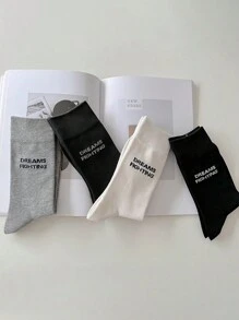 4 Pairs Women Classic Letter Pattern Casual School Daily Wear Sports Mid-Calf Socks