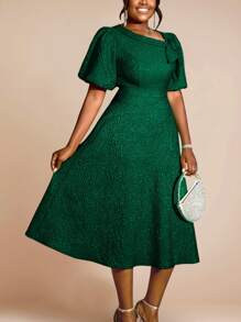 Women's Jacquard Commuter Embossed Elegant 3D Floral Puff Sleeve A-Line Dress, Suitable For Cocktail Party, Graduation Ceremony, Birthday, Wedding Guest, Prom, Formal Dinner, Homecoming And Other Occasions - Green - View 3