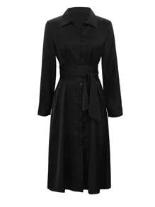 Damen elegantes einfarbiges Hemdkleid mit Umlegekragen, Knopfleiste und Bindegürtel, Herbst/Winter