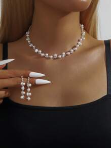 Conjunto de 4 piezas de joyería de mujer con perlas falsas elegantes - collar, aretes, pulsera, adecuado para novia, boda y ocasiones de fiesta
