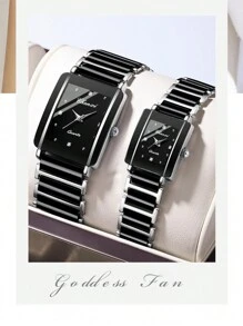 2pcs/pair Ceramic Square Couple Watch, Alloy Dial Quartz Wristwatch, Men Women Matching