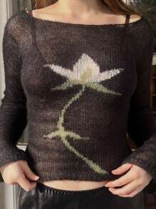 Tops de punto con estampado floral para mujer, camisetas de manga larga con cuello barco y corte ajustado, suéteres transparentes - Flores blancas y negras - Ver 5