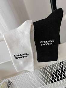 4 Pairs Women Classic Letter Pattern Casual School Daily Wear Sports Mid-Calf Socks